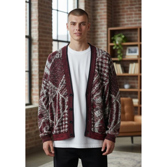 Vintage American Crusader Maroon Abstract Knit Cardigan Men’s XL Grunge Cobain - Picture 1 of 6